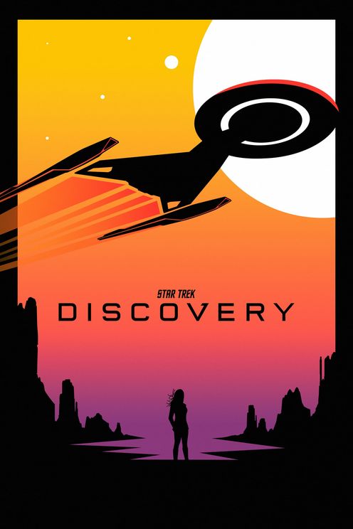 Stylized art poster for Star Trek: Discovery only using basic shapes and colors. A thick black border frames a sunset gradient from orange to purple. The Discovery starship silhouette zooms across. A big white circle representing a sun in the sky and a few smaller dots the stars. At the bottom, a small Michael Burnham silhouette against the sunset. Above her the Star Trek: Discovery logo in black lettering.