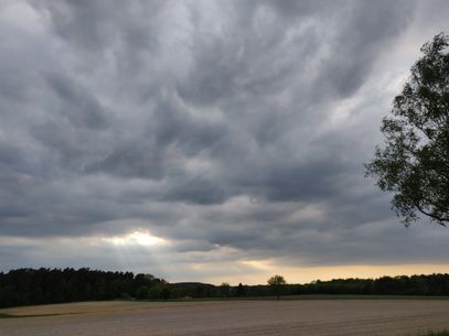 Large and dark clouds obscure the sky. There’s one opening that let’s through streaks of light, creating beautiful godrays that shine onto a field.