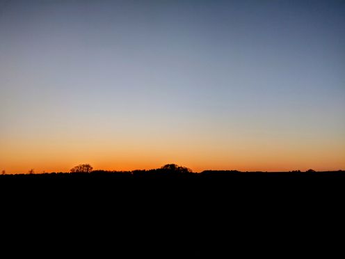 Photo of a sunset. A pitch black landscape. A few trees peak above the horizon in the far distance. The sky is a smooth cloud-less gradient from grayish blue to shiny orange at the horizon.