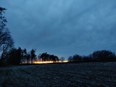 Light snow on a dark field. The last golden sunrays peek trough a distant forest under a dark sky.