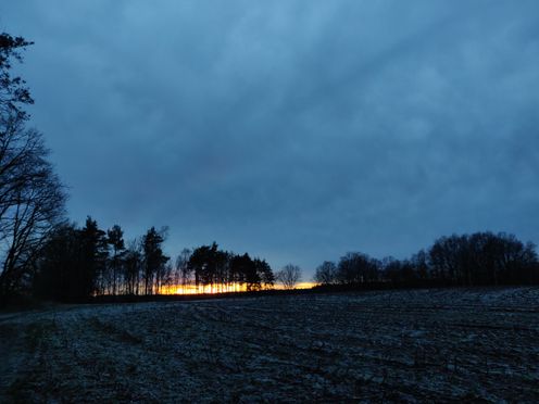 Light snow on a dark field. The last golden sunrays peek trough a distant forest under a dark sky.