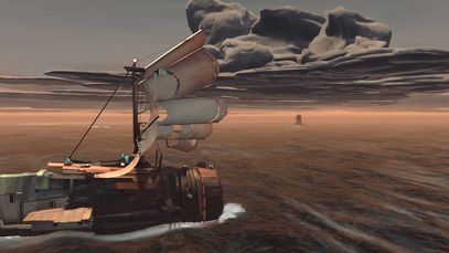 Screenshot from the video game “FAR: Changing Tides”:
A steampunk-y looking sail ship in the front left half facing to the right.
A dark but calm ocean stretches to the horizon, glowing orange from a sunset.
A huge dark cloud covers a large portion of the sky, it looks like a thunderstorm is coming.
A lonely buoy is bobbing in the ocean not too far away, maybe a hundred meters or so towards the horizon.
